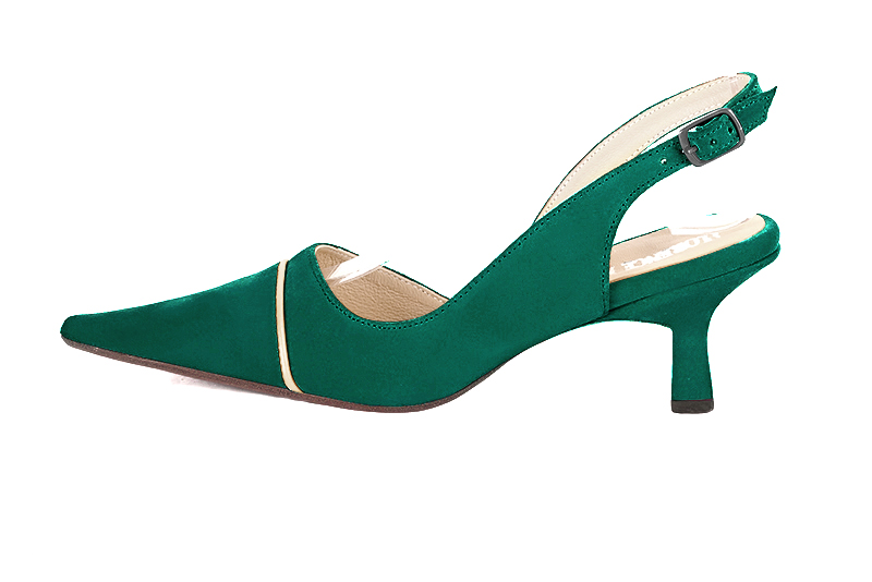 Emerald green and gold women's slingback shoes. Pointed toe. Medium spool heels. Profile view - Florence KOOIJMAN